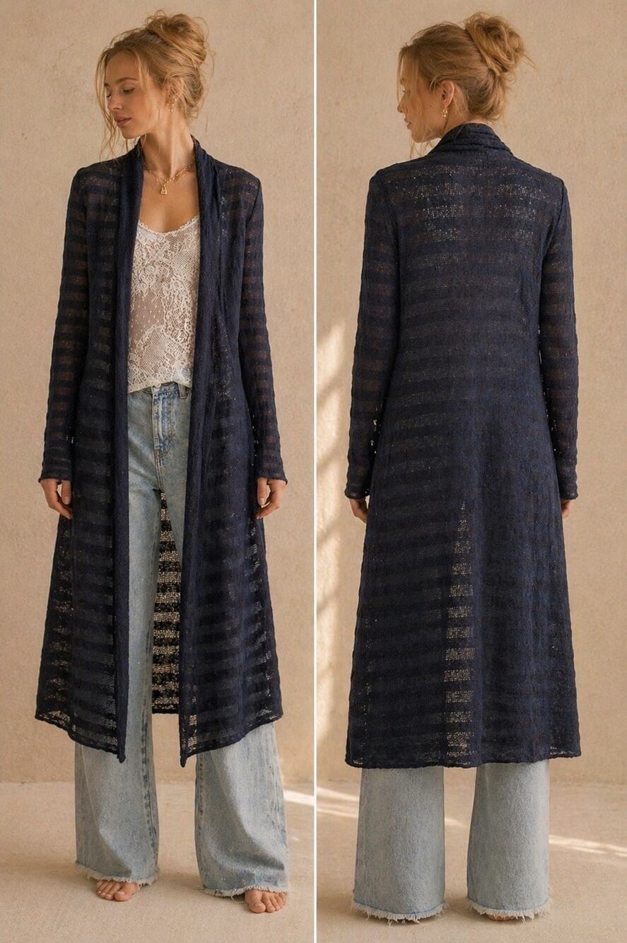 FREE PEOPLE Black Navy Striped Sweater Maxi Cardigan Duster 100% Cotton XS